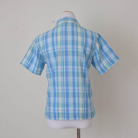 Vintage 90s White and Blue Cotton/Poly Plaid‎ Button Down Blouse - Picture 3 of 10